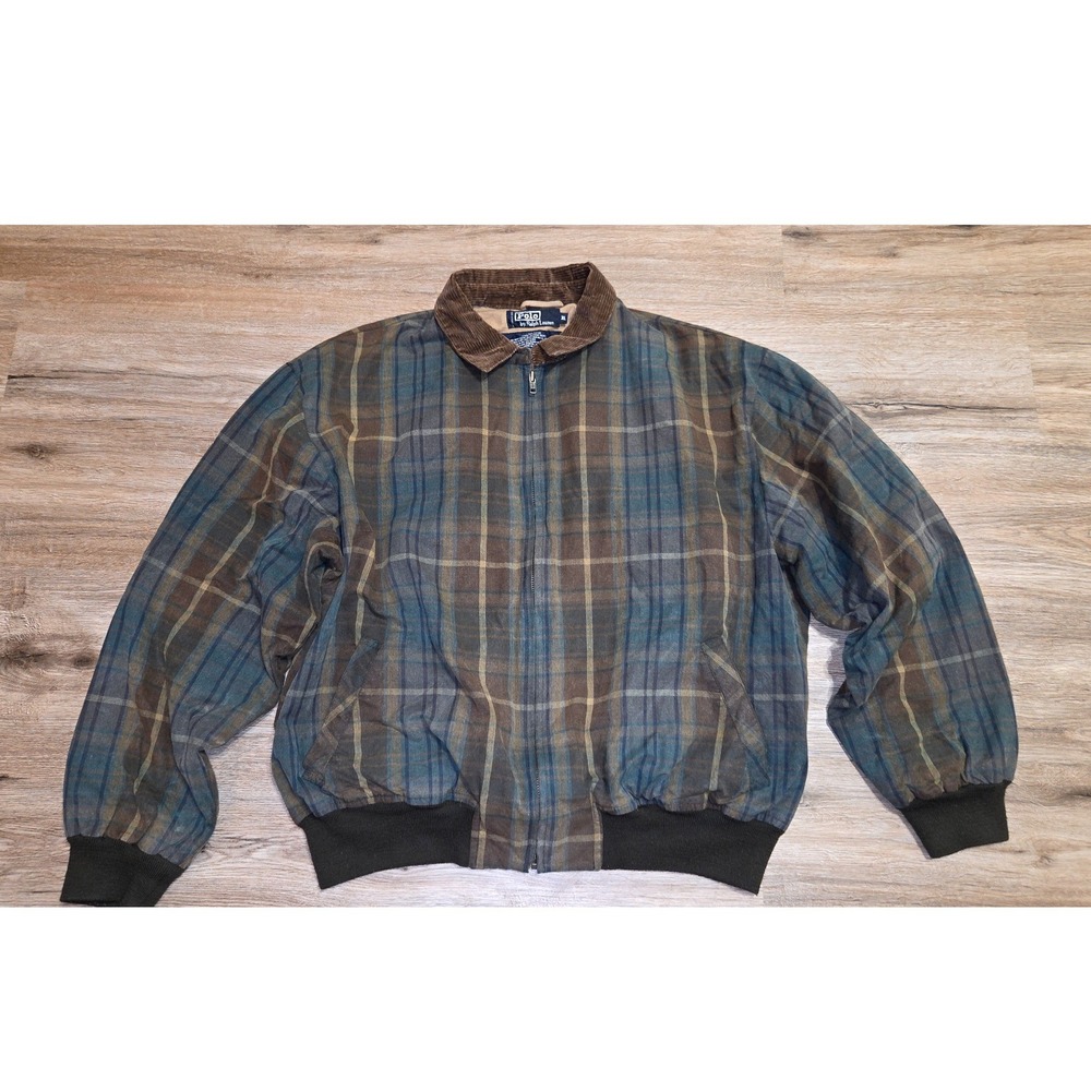 VTG Polo Ralph Lauren men XL Plaid Oilcloth Bomber Harrington Zip Jacket Coat